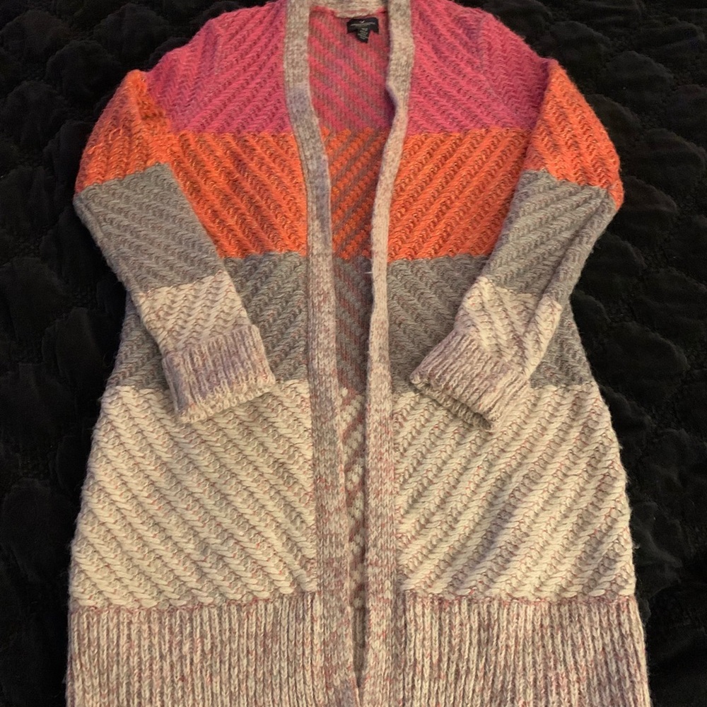 American Eagle Color Block Chunky Knit Cardigan Sweater XS/Small Pink Orange